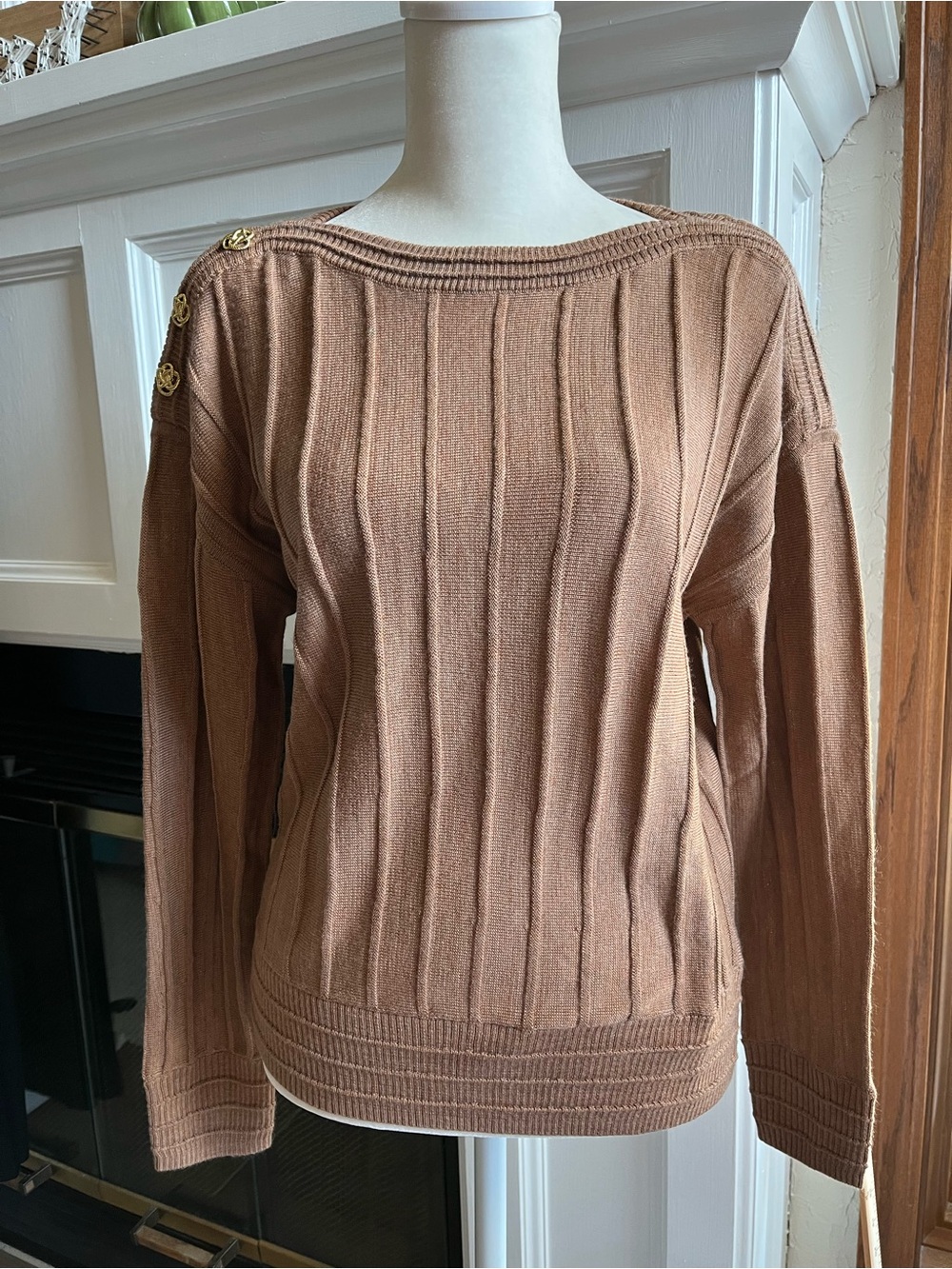 Talbots Ribbed Boatneck Sweater in Warm Brown with Button Shoulder